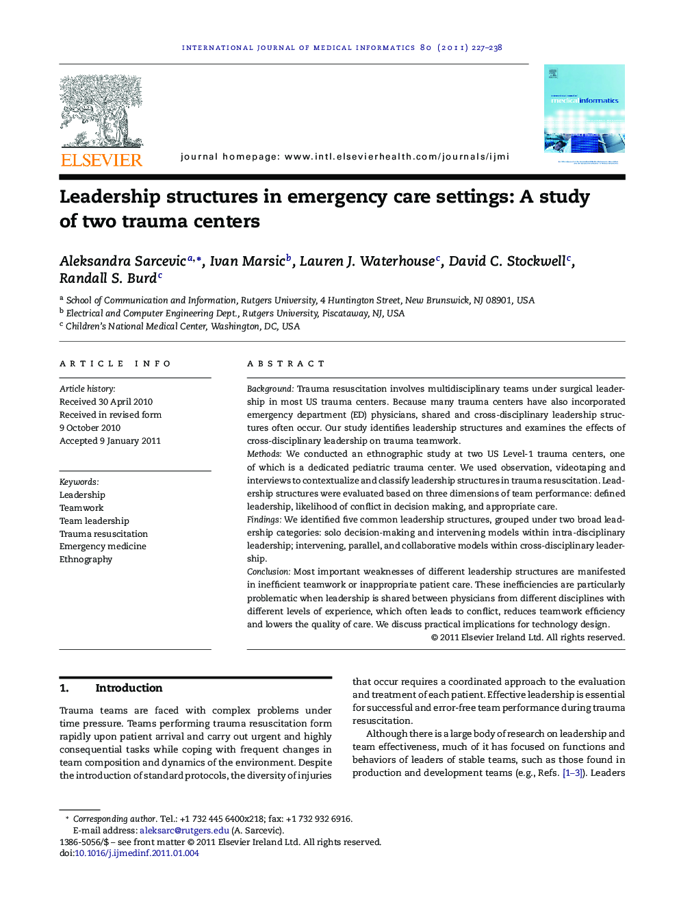 Leadership structures in emergency care settings: A study of two trauma centers