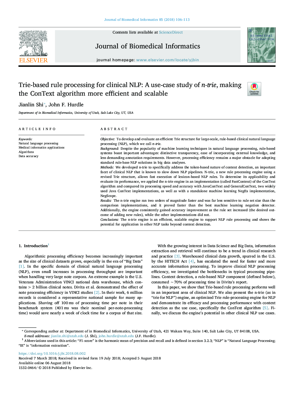 Trie-based rule processing for clinical NLP: A use-case study of n-trie, making the ConText algorithm more efficient and scalable