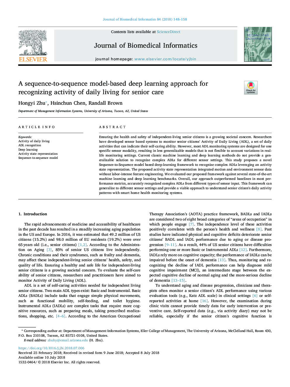 A sequence-to-sequence model-based deep learning approach for recognizing activity of daily living for senior care