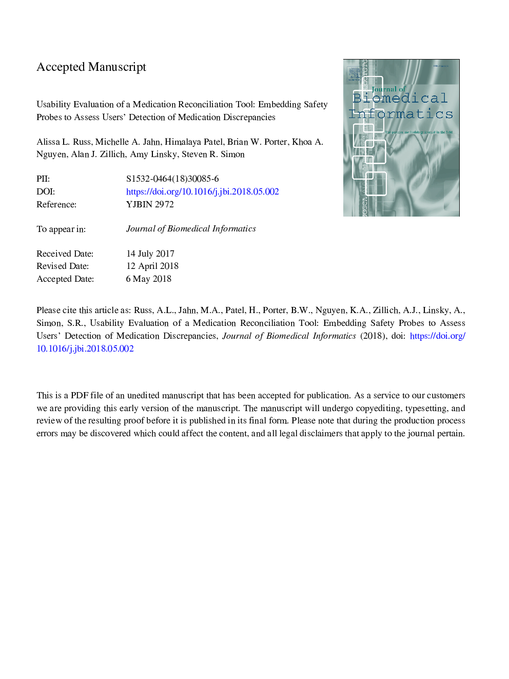 Usability evaluation of a medication reconciliation tool: Embedding safety probes to assess users' detection of medication discrepancies