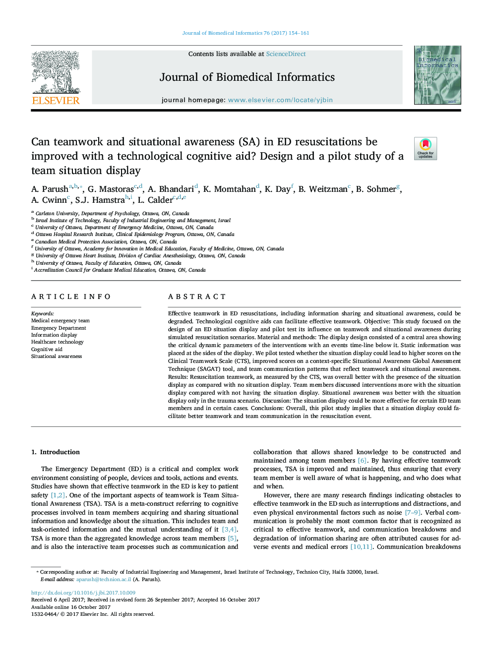 Can teamwork and situational awareness (SA) in ED resuscitations be improved with a technological cognitive aid? Design and a pilot study of a team situation display