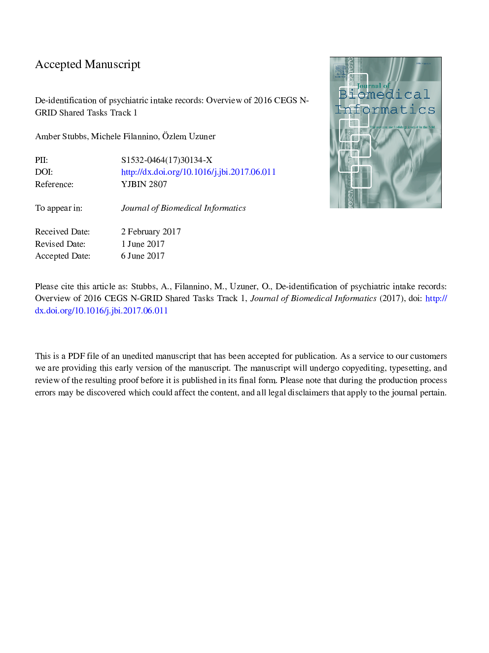 De-identification of psychiatric intake records: Overview of 2016 CEGS N-GRID shared tasks Track 1