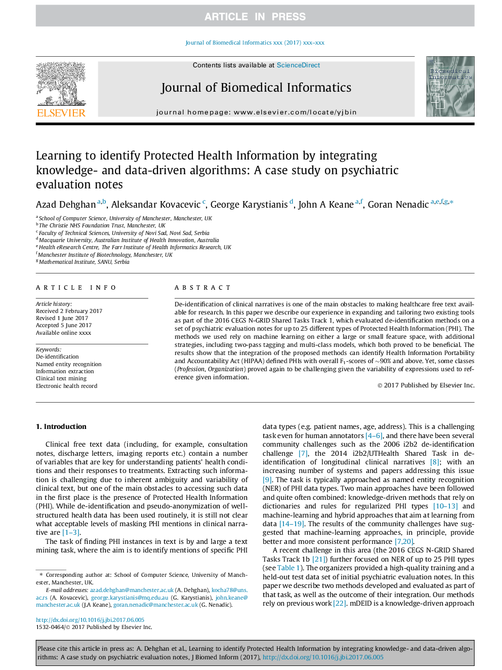 Learning to identify Protected Health Information by integrating knowledge- and data-driven algorithms: A case study on psychiatric evaluation notes