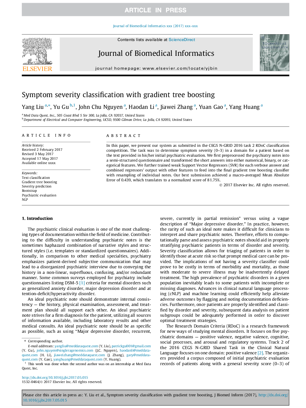 Symptom severity classification with gradient tree boosting