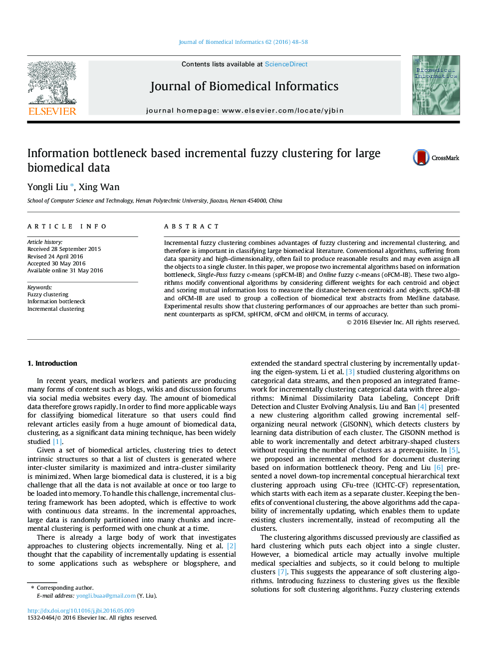 Information bottleneck based incremental fuzzy clustering for large biomedical data