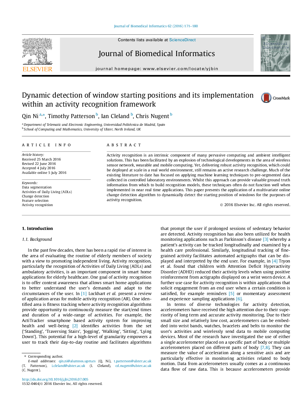 Dynamic detection of window starting positions and its implementation within an activity recognition framework