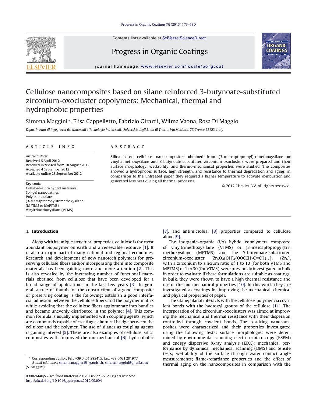 Cellulose nanocomposites based on silane reinforced 3-butynoate-substituted zirconium-oxocluster copolymers: Mechanical, thermal and hydrophobic properties