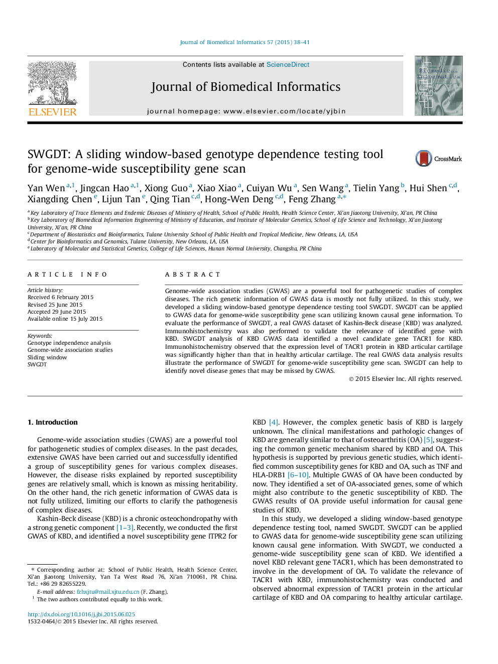 SWGDT: A sliding window-based genotype dependence testing tool for genome-wide susceptibility gene scan