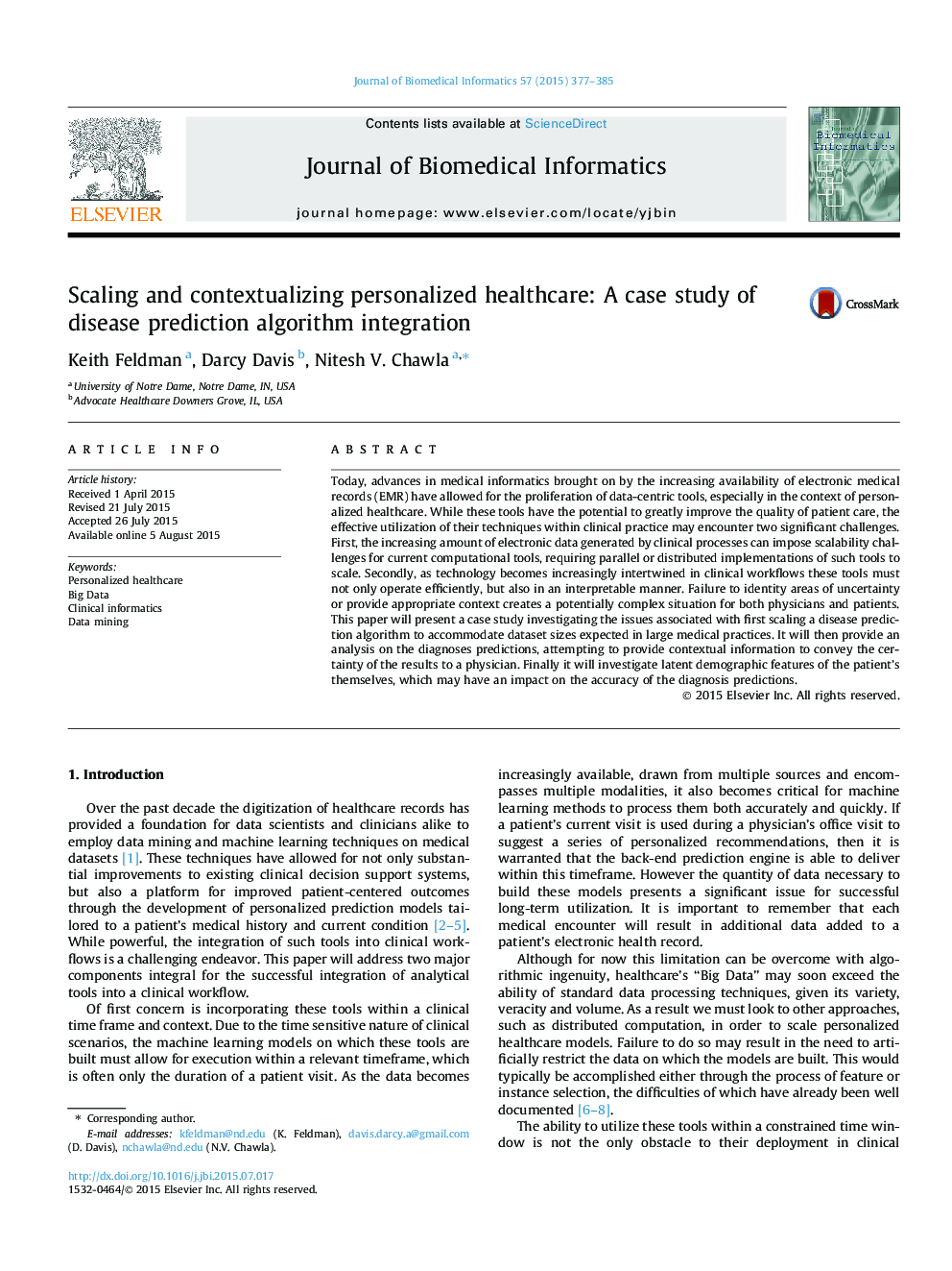 Scaling and contextualizing personalized healthcare: A case study of disease prediction algorithm integration