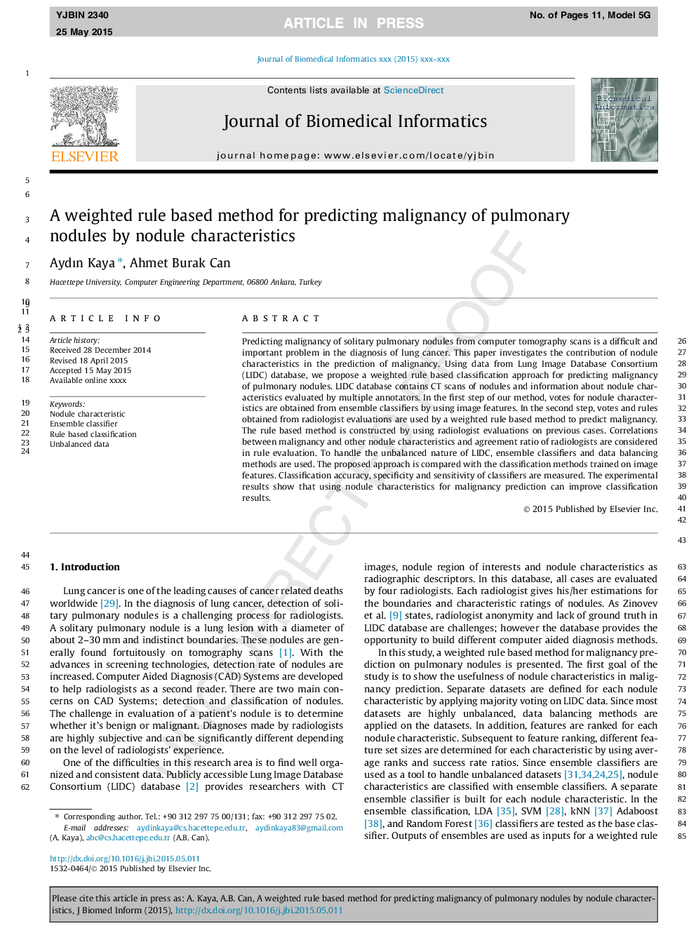 A weighted rule based method for predicting malignancy of pulmonary nodules by nodule characteristics