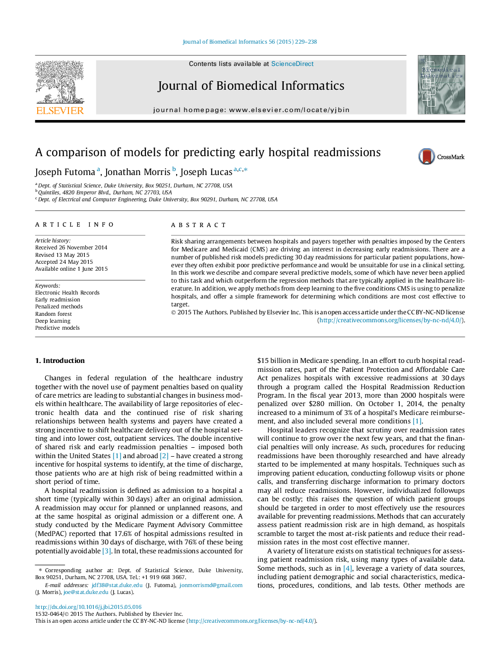 A comparison of models for predicting early hospital readmissions