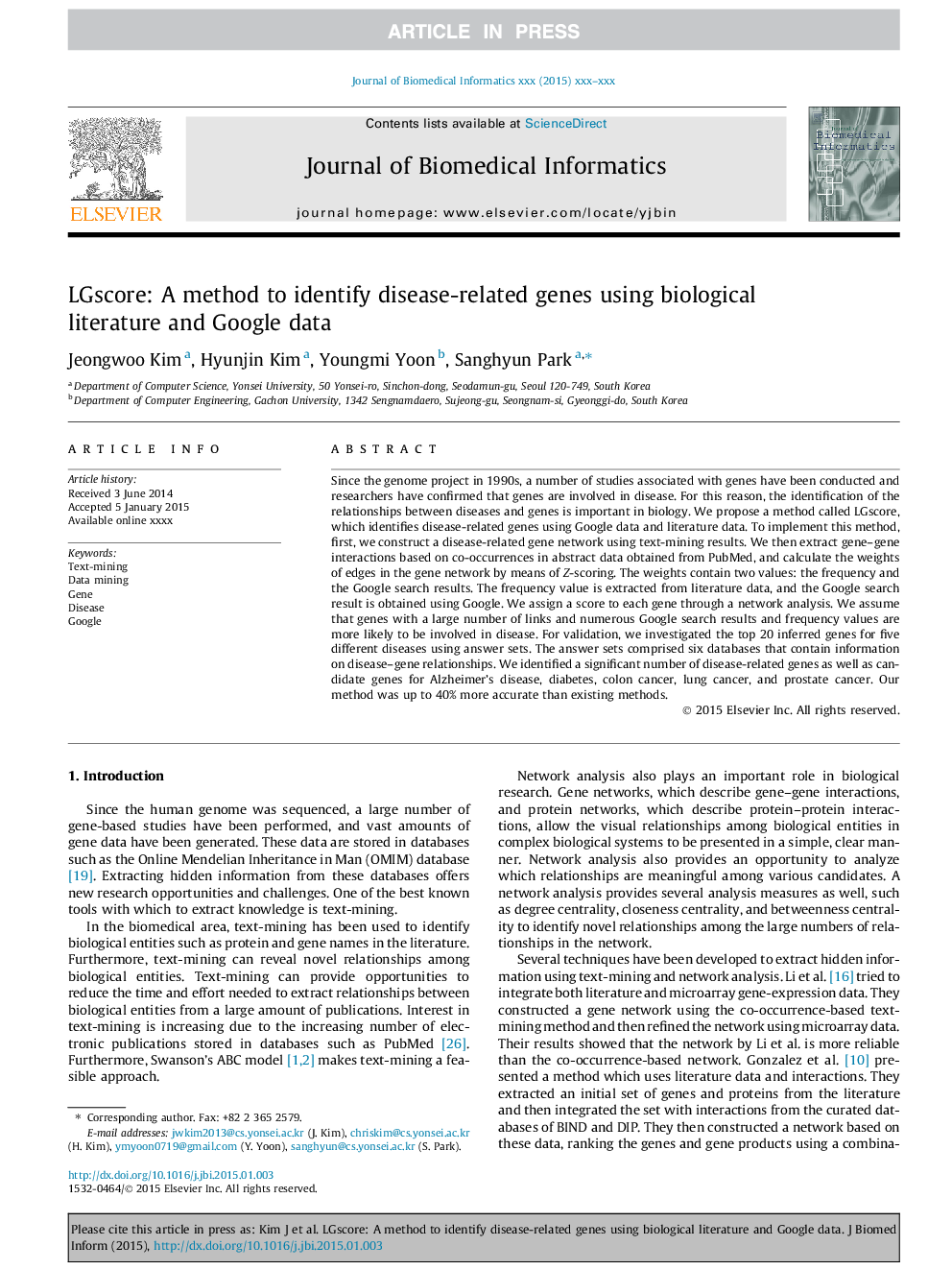 LGscore: A method to identify disease-related genes using biological literature and Google data