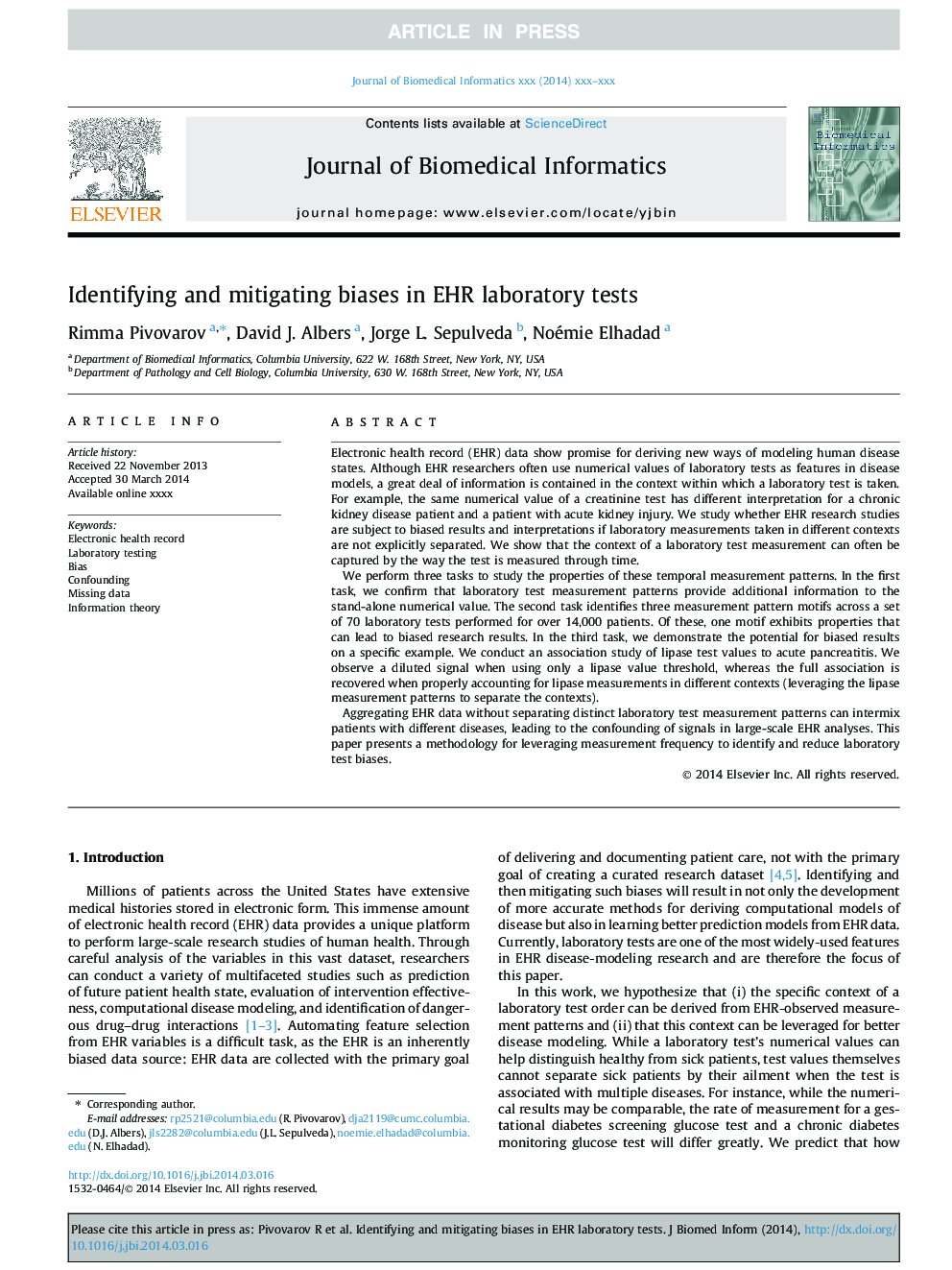 عکس صفحه اول مقاله: Identifying and mitigating biases in EHR laboratory tests Identifying and mitigating biases in EHR laboratory tests
