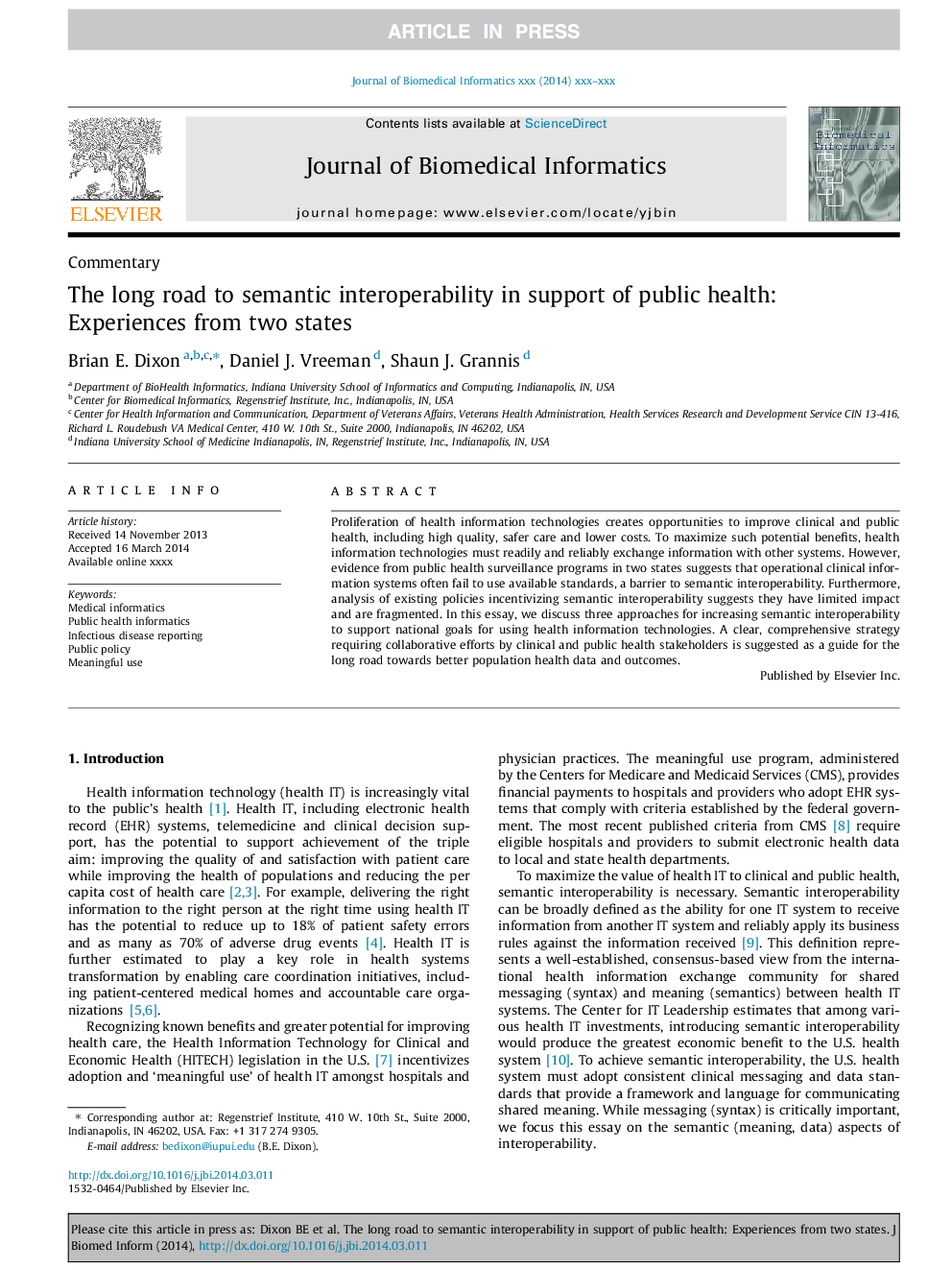 The long road to semantic interoperability in support of public health: Experiences from two states