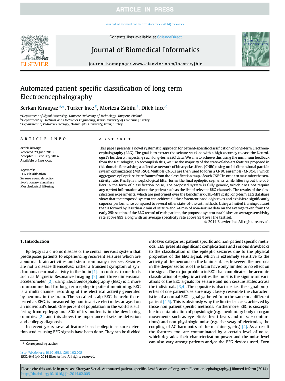 Automated patient-specific classification of long-term Electroencephalography