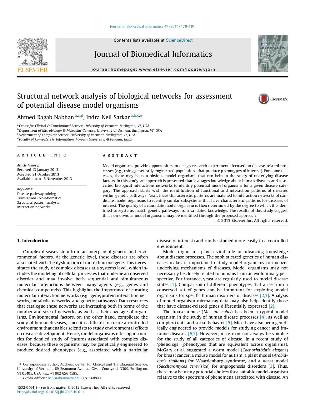 Structural network analysis of biological networks for assessment of potential disease model organisms