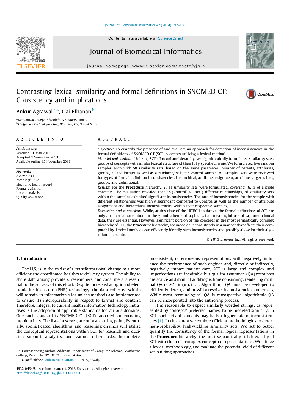 Contrasting lexical similarity and formal definitions in SNOMED CT: Consistency and implications