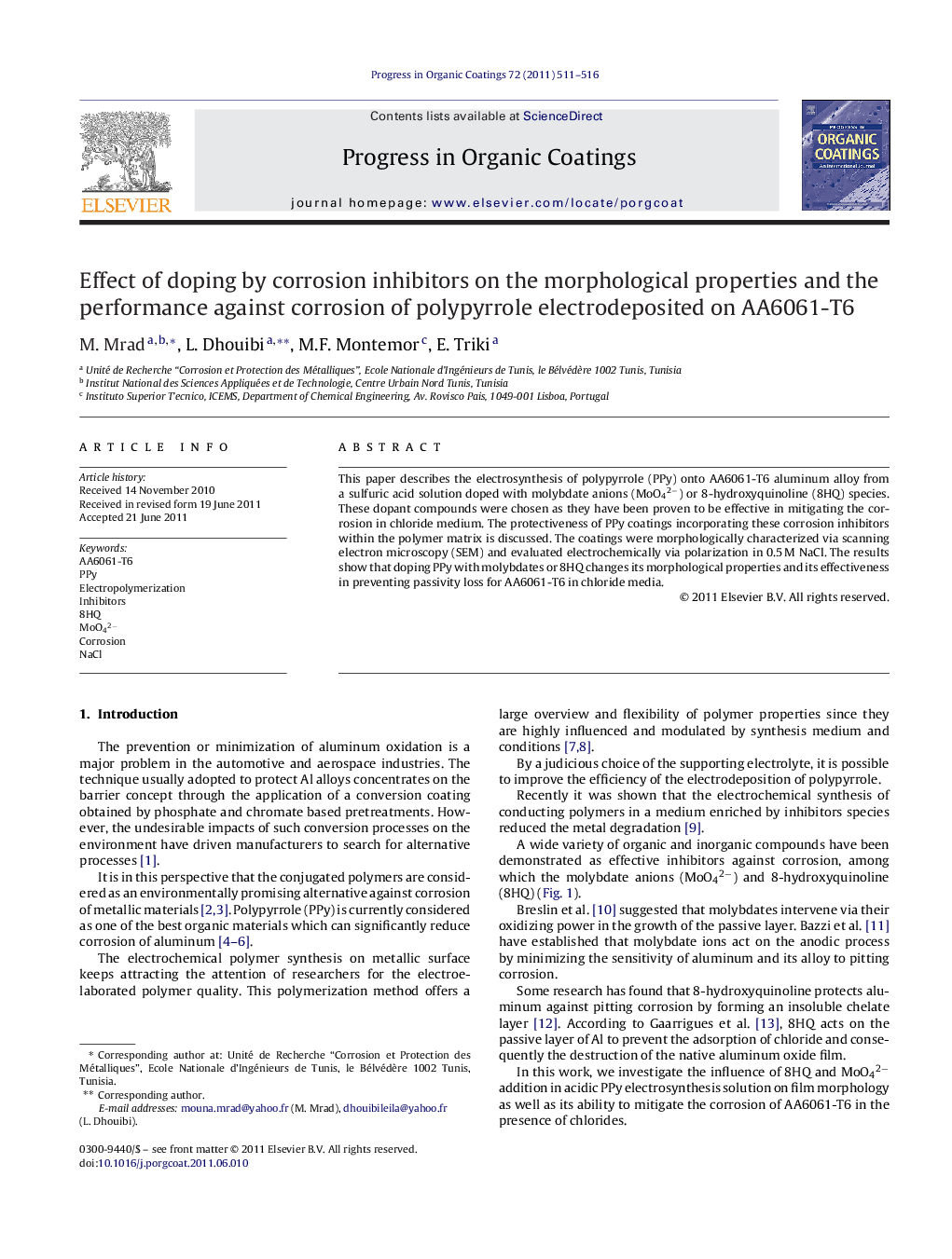 Effect of doping by corrosion inhibitors on the morphological properties and the performance against corrosion of polypyrrole electrodeposited on AA6061-T6