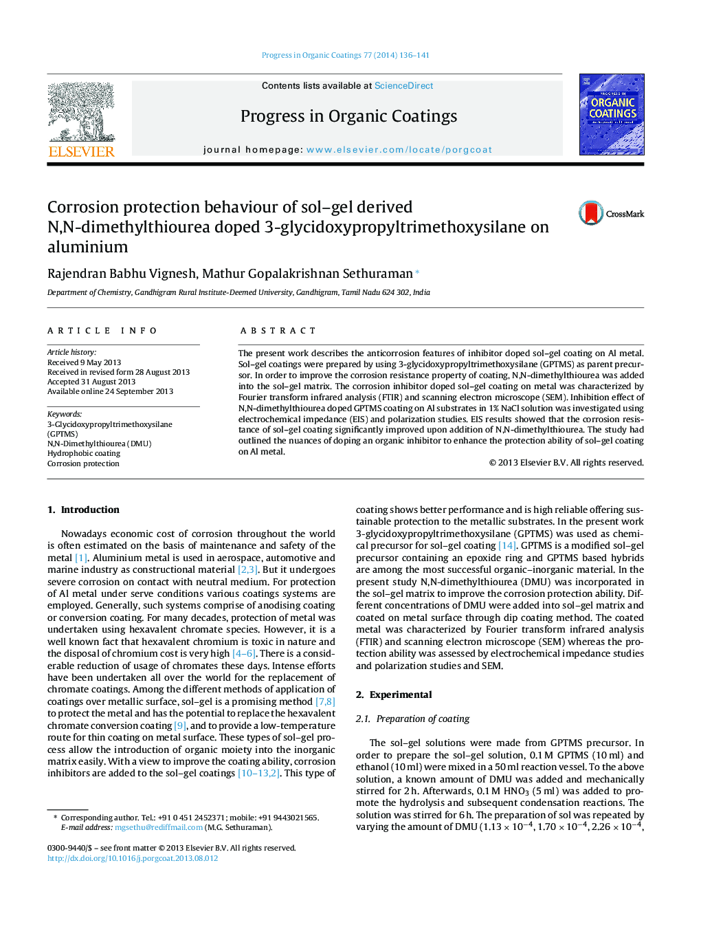 Corrosion protection behaviour of sol–gel derived N,N-dimethylthiourea doped 3-glycidoxypropyltrimethoxysilane on aluminium