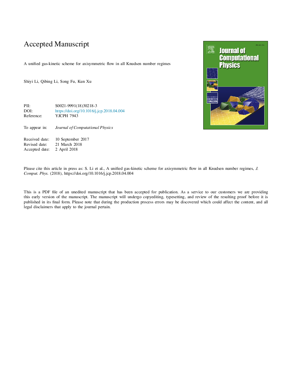 عکس صفحه اول مقاله: A unified gas-kinetic scheme for axisymmetric flow in all Knudsen number regimes A unified gas-kinetic scheme for axisymmetric flow in all Knudsen number regimes