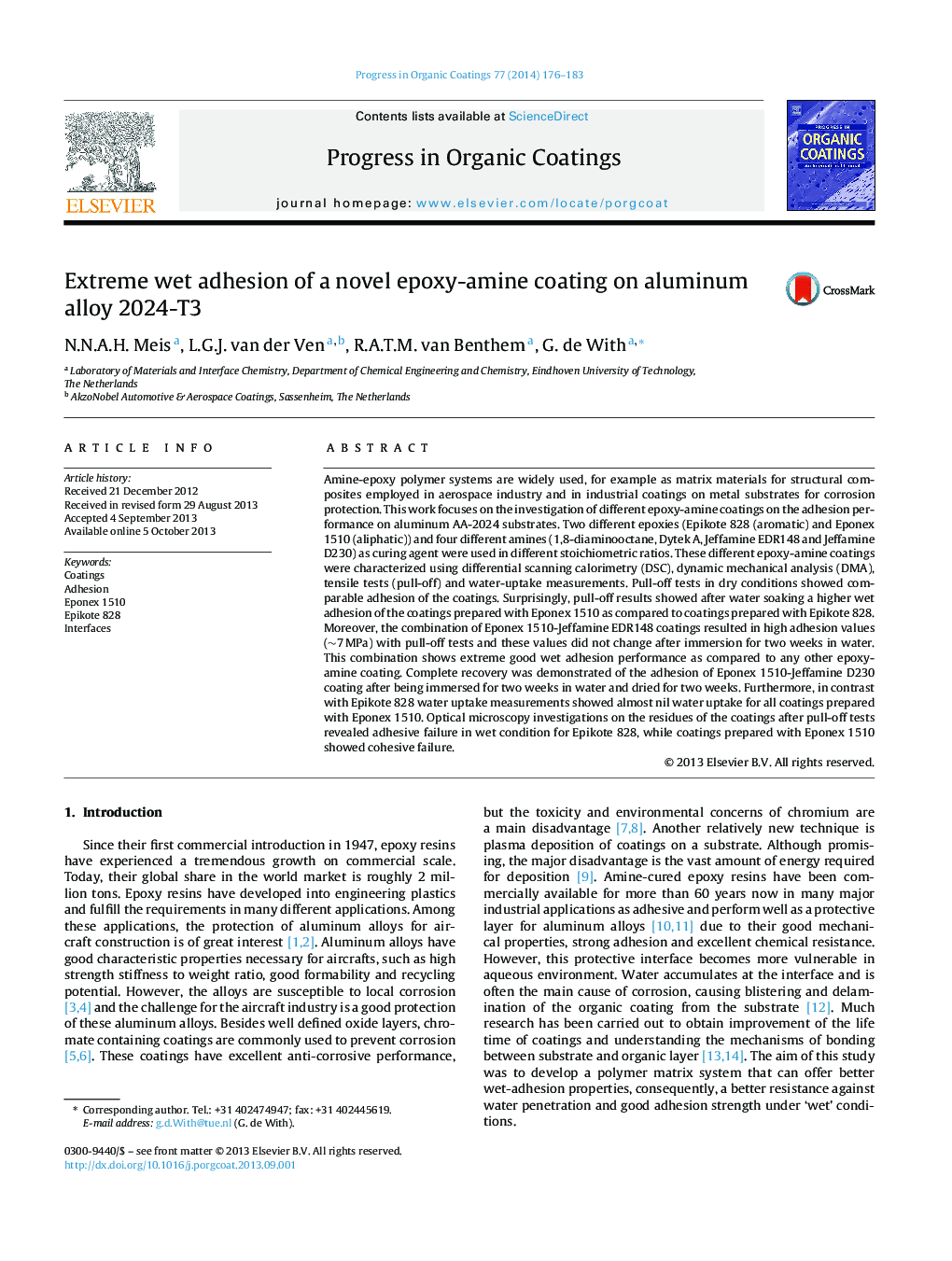 Extreme wet adhesion of a novel epoxy-amine coating on aluminum alloy 2024-T3