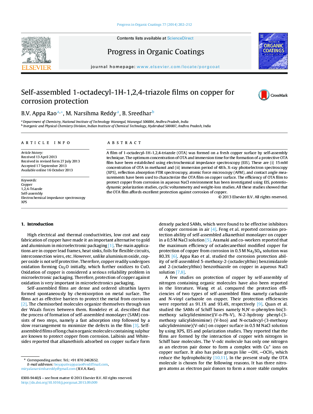 Self-assembled 1-octadecyl-1H-1,2,4-triazole films on copper for corrosion protection