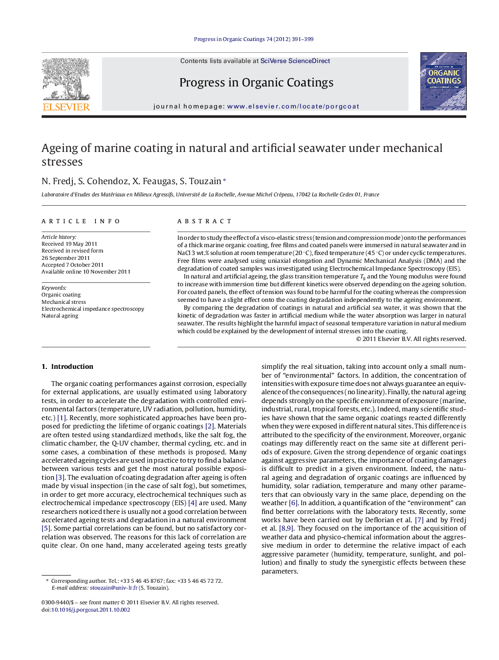 Ageing of marine coating in natural and artificial seawater under mechanical stresses