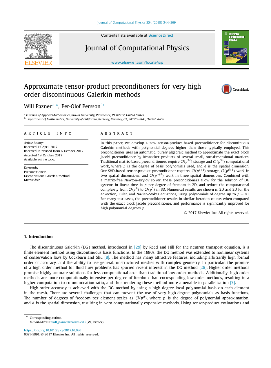 عکس صفحه اول مقاله: Approximate tensor-product preconditioners for very high order discontinuous Galerkin methods Approximate tensor-product preconditioners for very high order discontinuous Galerkin methods