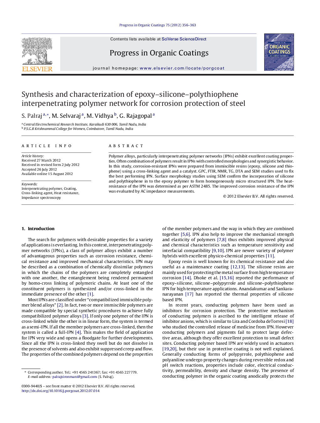 Synthesis and characterization of epoxy-silicone-polythiophene interpenetrating polymer network for corrosion protection of steel