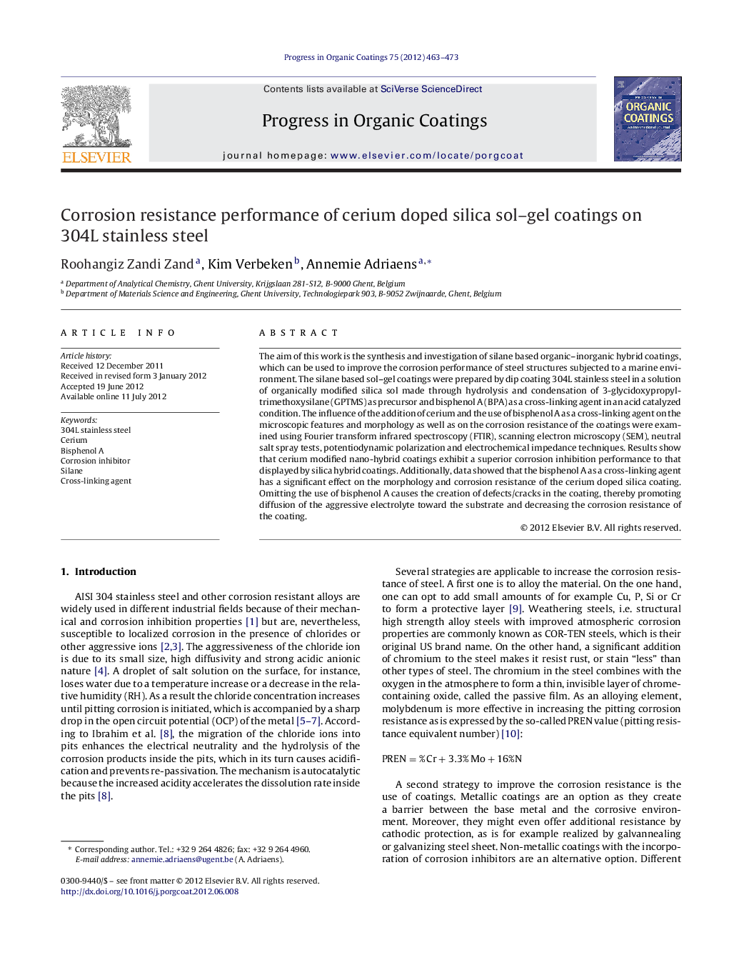 Corrosion resistance performance of cerium doped silica sol–gel coatings on 304L stainless steel