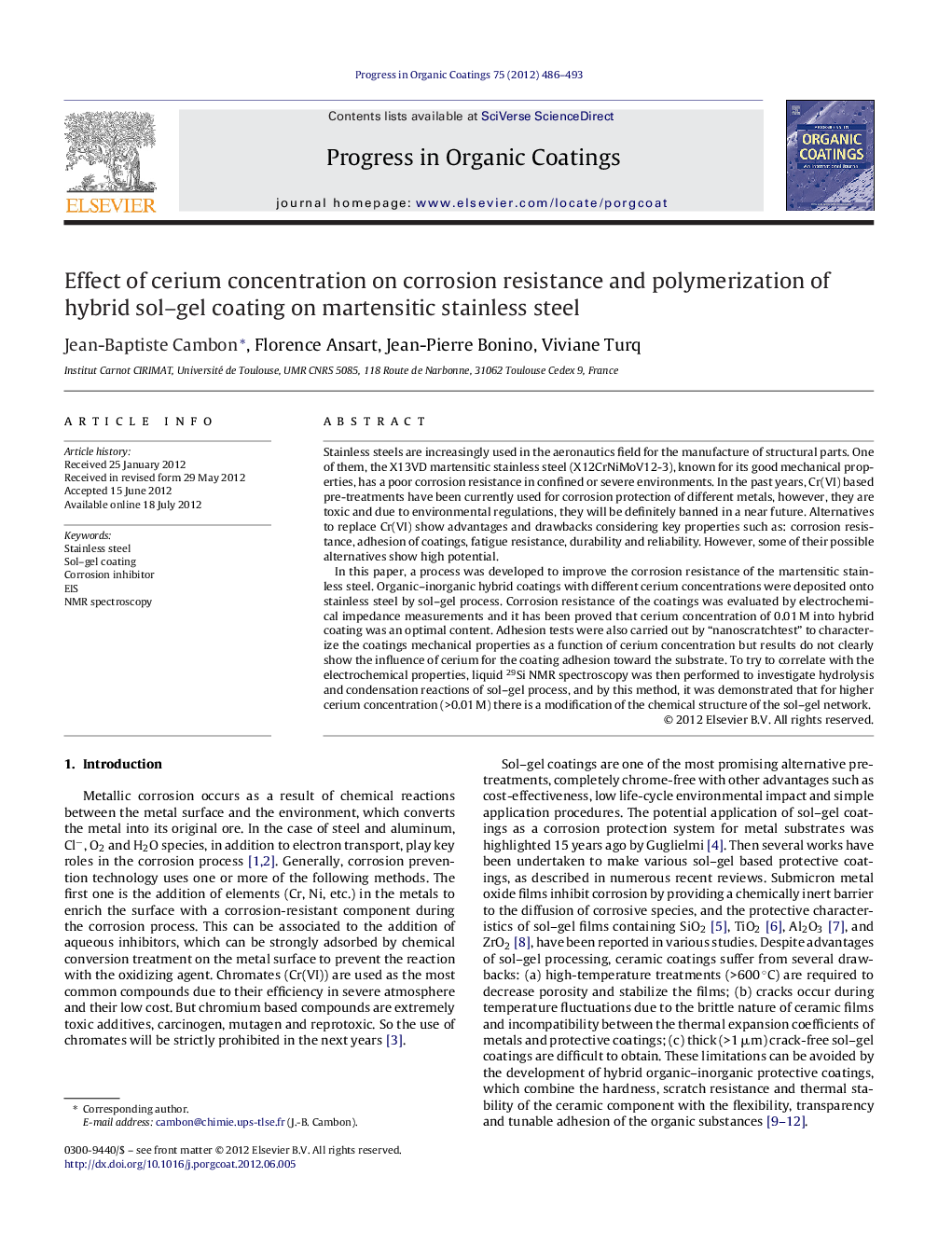 Effect of cerium concentration on corrosion resistance and polymerization of hybrid sol–gel coating on martensitic stainless steel