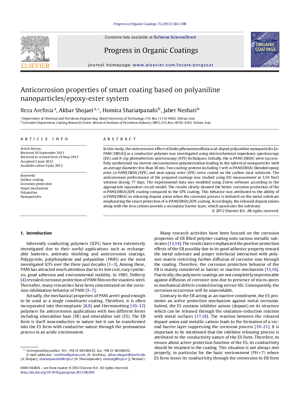 Anticorrosion properties of smart coating based on polyaniline nanoparticles/epoxy-ester system