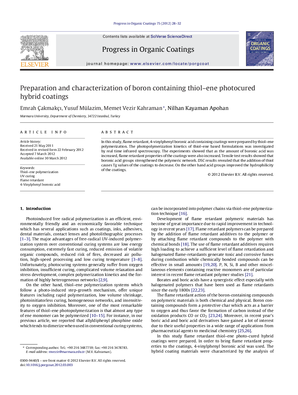 Preparation and characterization of boron containing thiol–ene photocured hybrid coatings