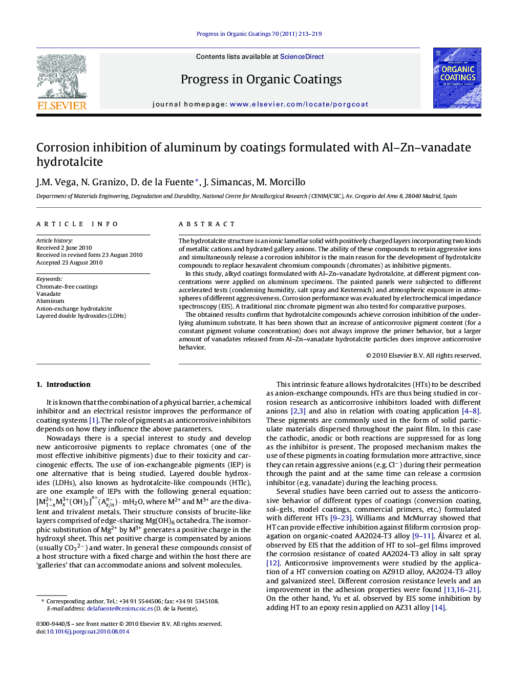 Corrosion inhibition of aluminum by coatings formulated with Al–Zn–vanadate hydrotalcite