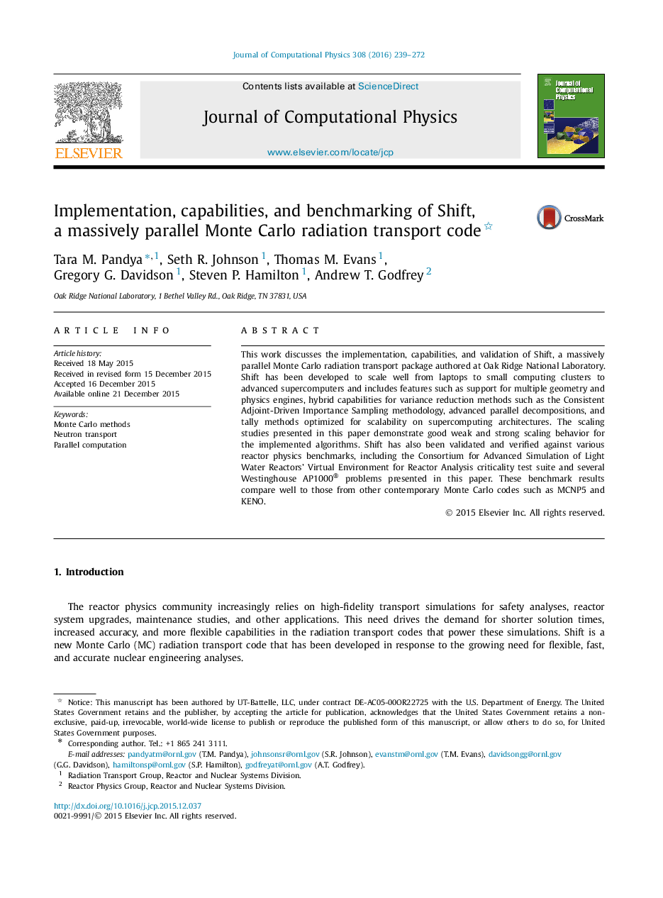 Implementation, capabilities, and benchmarking of Shift, a massively parallel Monte Carlo radiation transport code