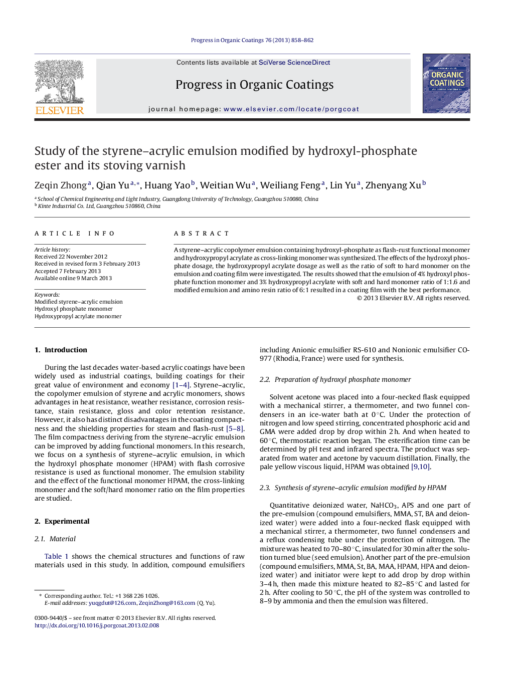 Study of the styrene–acrylic emulsion modified by hydroxyl-phosphate ester and its stoving varnish