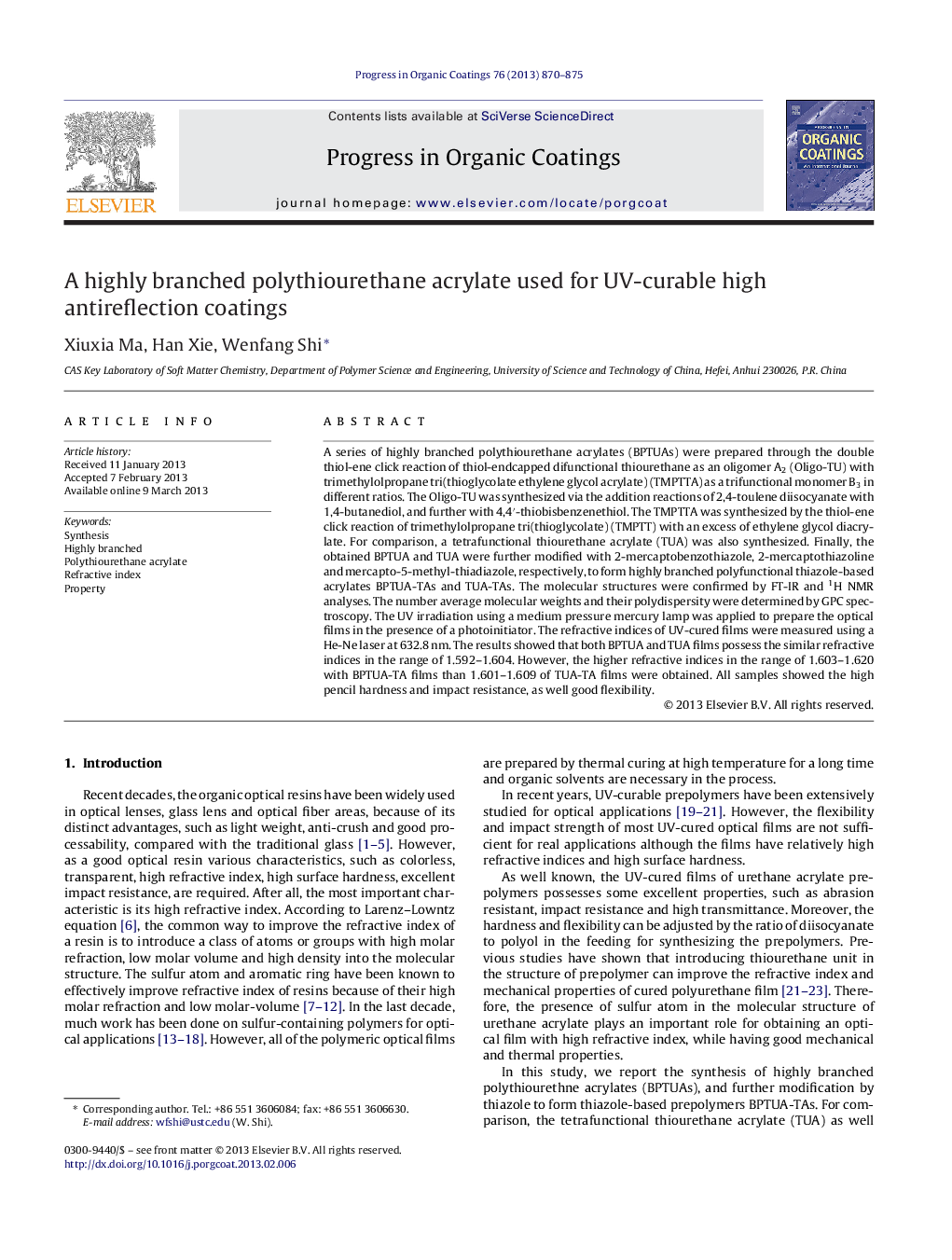 A highly branched polythiourethane acrylate used for UV-curable high antireflection coatings