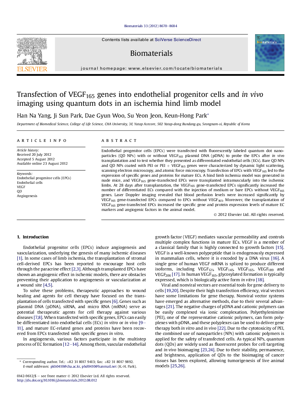 Transfection of VEGF165 genes into endothelial progenitor cells and in vivo imaging using quantum dots in an ischemia hind limb model