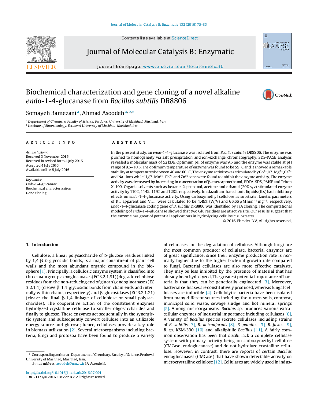 Biochemical characterization and gene cloning of a novel alkaline endo-1-4-glucanase from Bacillus subtilis DR8806