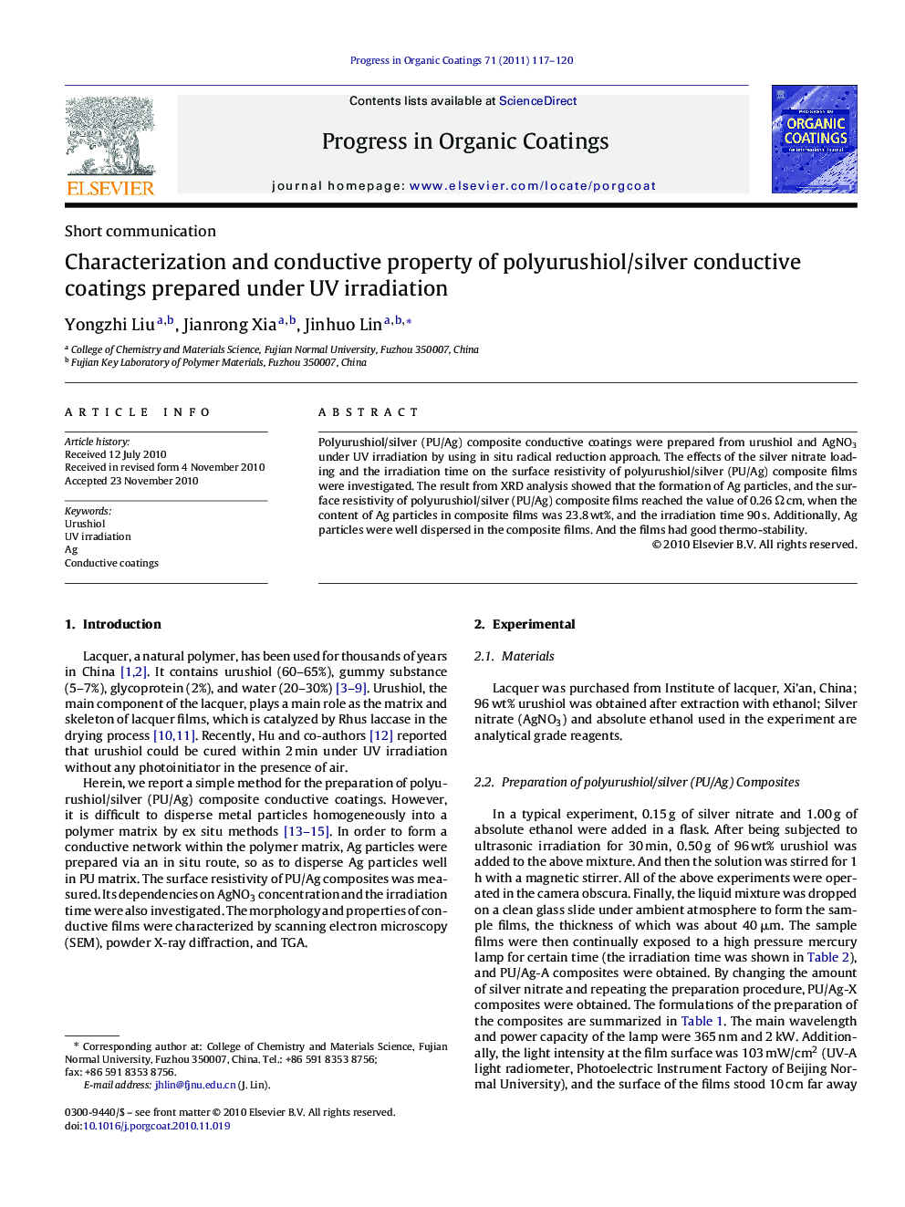 Characterization and conductive property of polyurushiol/silver conductive coatings prepared under UV irradiation