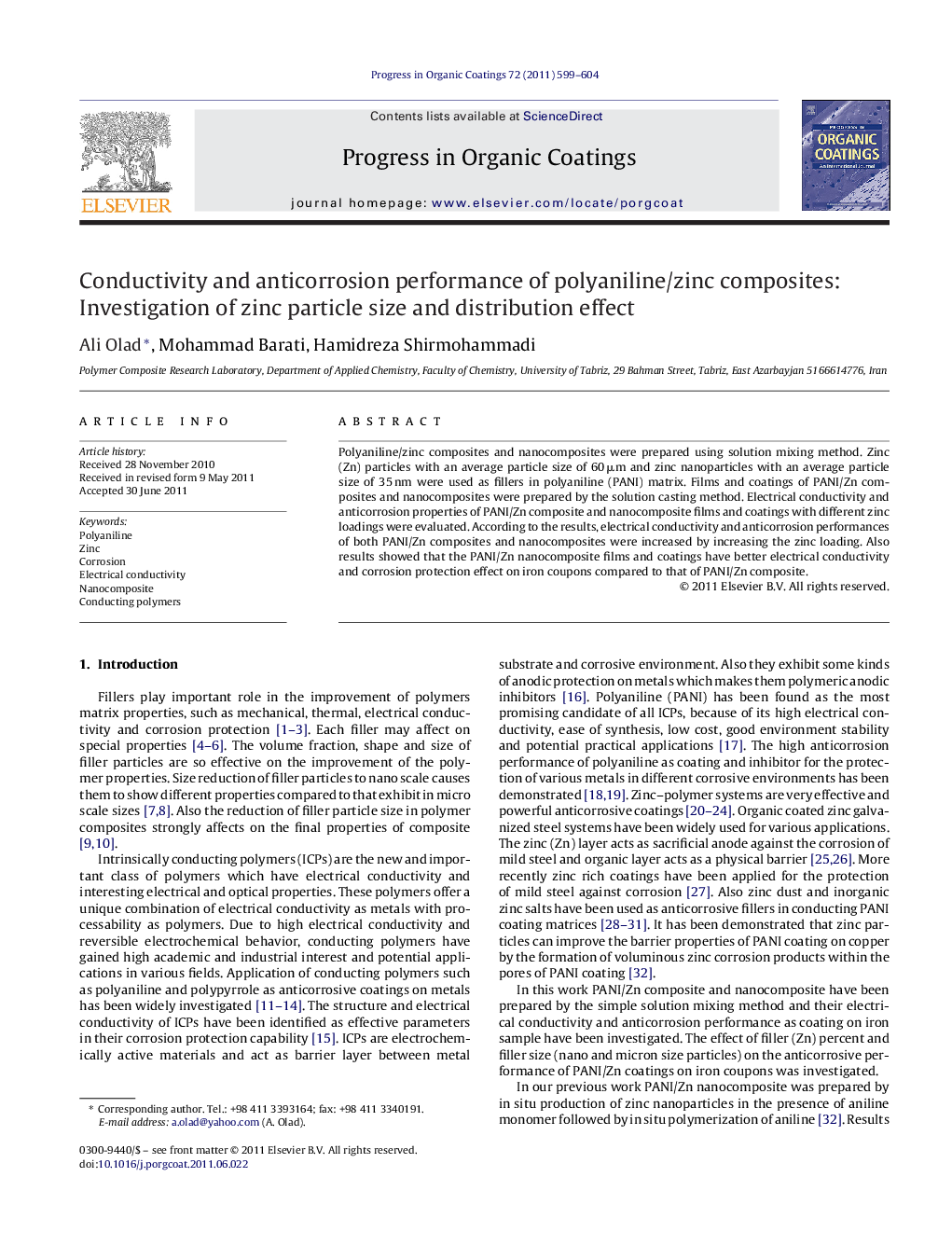 عکس صفحه اول مقاله: Conductivity and anticorrosion performance of polyaniline/zinc composites: Investigation of zinc particle size and distribution effect Conductivity and anticorrosion performance of polyaniline/zinc composites: Investigation of zinc particle size and distribution effect