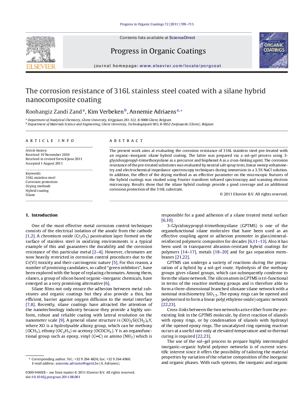 The corrosion resistance of 316L stainless steel coated with a silane hybrid nanocomposite coating