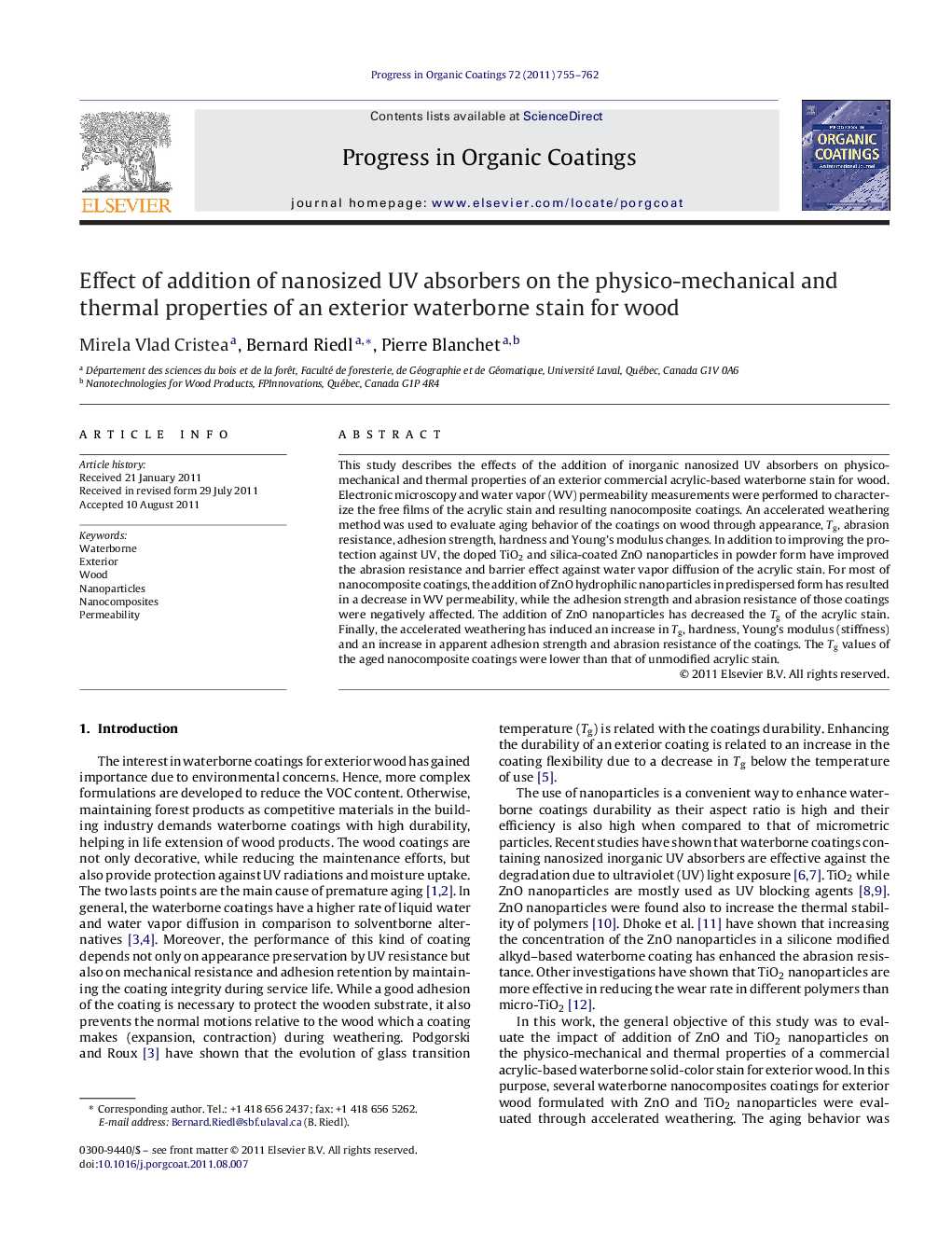 Effect of addition of nanosized UV absorbers on the physico-mechanical and thermal properties of an exterior waterborne stain for wood