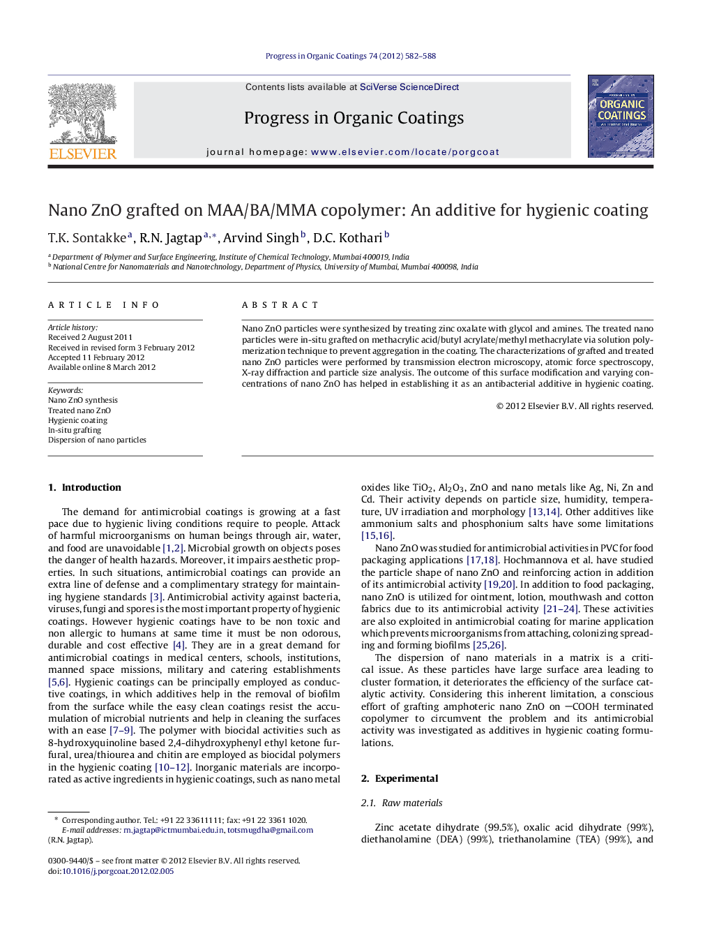 عکس صفحه اول مقاله: Nano ZnO grafted on MAA/BA/MMA copolymer: An additive for hygienic coating Nano ZnO grafted on MAA/BA/MMA copolymer: An additive for hygienic coating