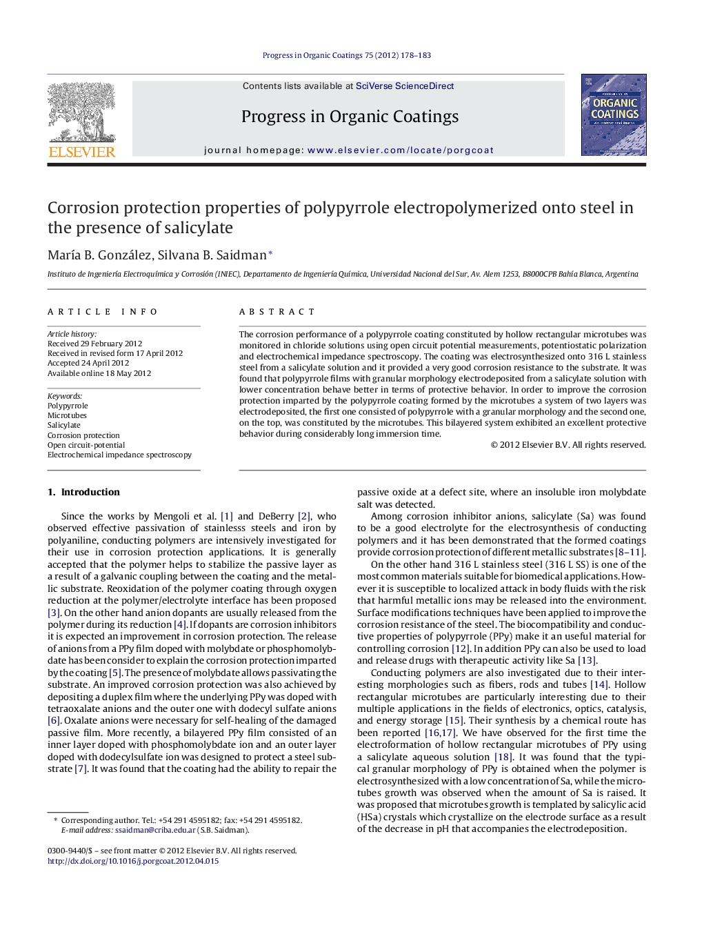 Corrosion protection properties of polypyrrole electropolymerized onto steel in the presence of salicylate