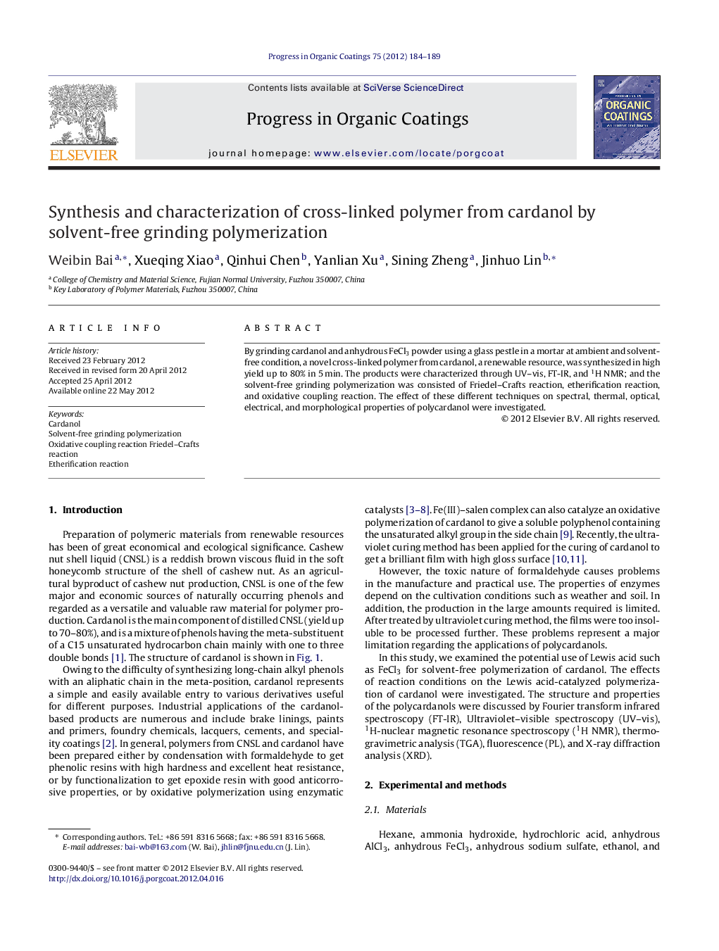 Synthesis and characterization of cross-linked polymer from cardanol by solvent-free grinding polymerization