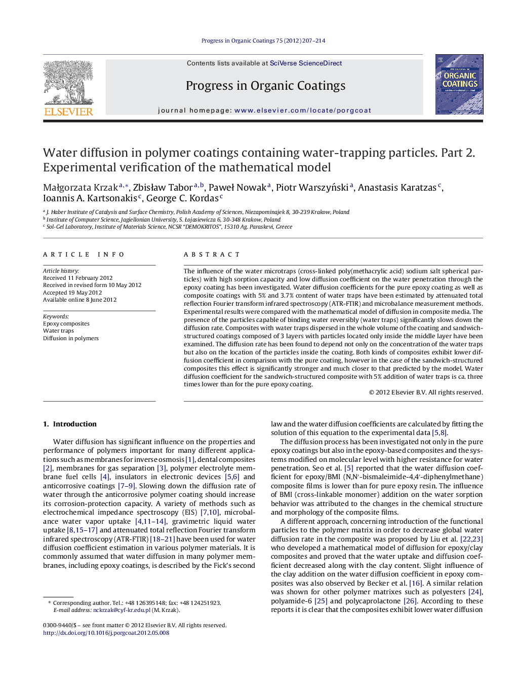 عکس صفحه اول مقاله: Water diffusion in polymer coatings containing water-trapping particles. Part 2. Experimental verification of the mathematical model Water diffusion in polymer coatings containing water-trapping particles. Part 2. Experimental verification of the mathematical model