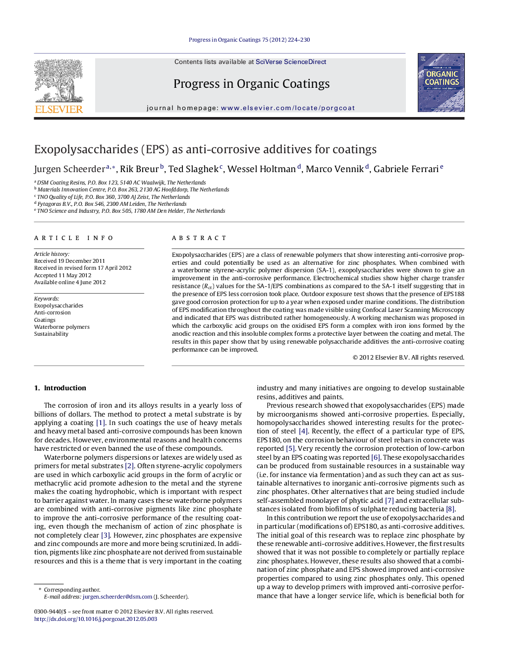 Exopolysaccharides (EPS) as anti-corrosive additives for coatings