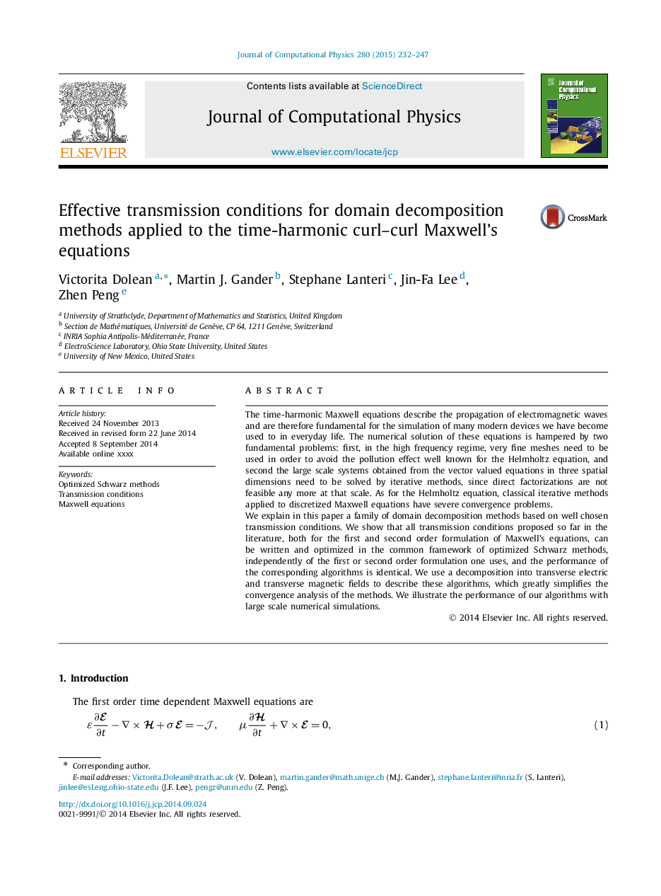 عکس صفحه اول مقاله: Effective transmission conditions for domain decomposition methods applied to the time-harmonic curl-curl Maxwell's equations Effective transmission conditions for domain decomposition methods applied to the time-harmonic curl-curl Maxwell's equations