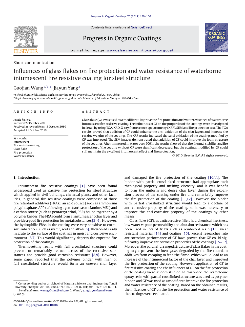 Influences of glass flakes on fire protection and water resistance of waterborne intumescent fire resistive coating for steel structure